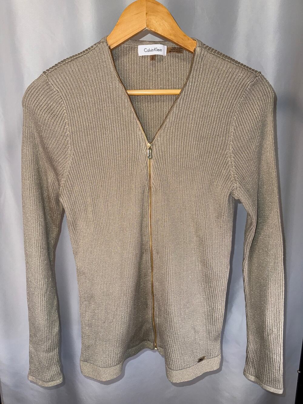 Calvin Klein Women’s Size S Metallic Gold Taupe Ribbed Full Zip Cardigan Sweater